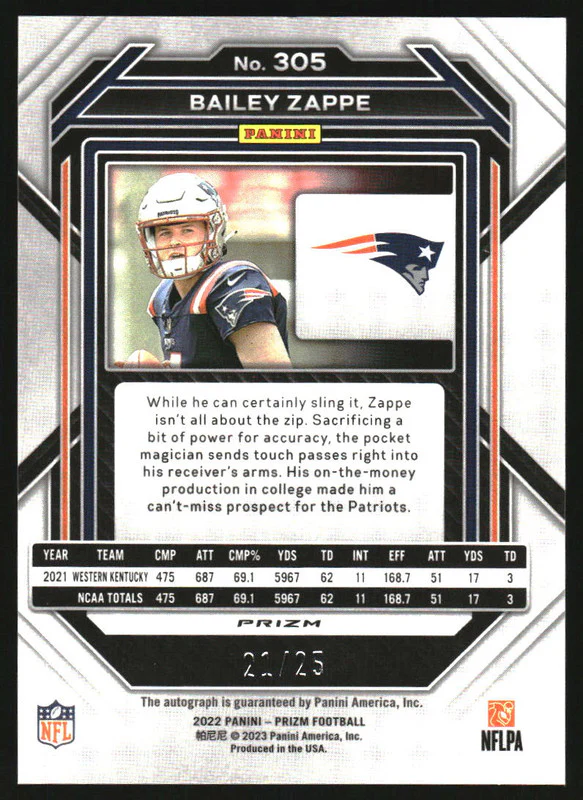 2022 Panini Prizm Autographs Prizm Blue Shimmer #305 Bailey Zappe RC Auto /25 - Image 2