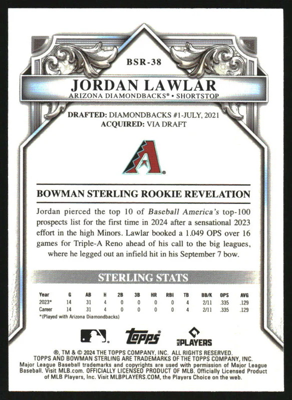 2024 Bowman Sterling Rookies Silver Refractor #BSR-38 Jordan Lawlar RC /100 - Image 2