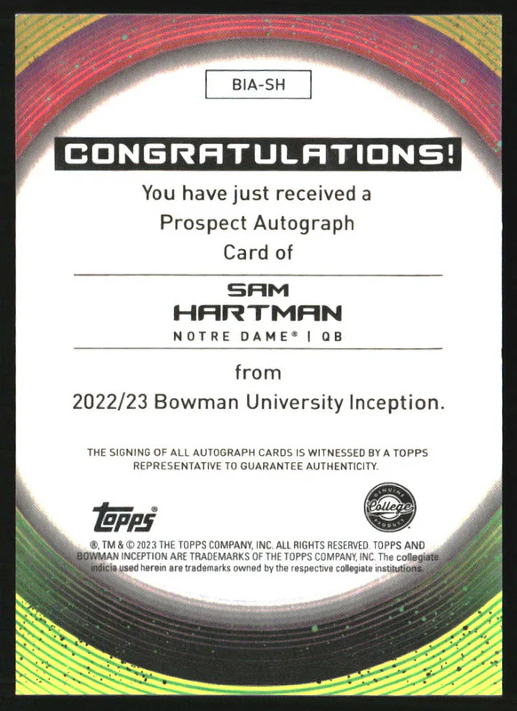 2022 Bowman University Inception Autographs Orange Foil Sam Hartman Auto /25 - Image 2