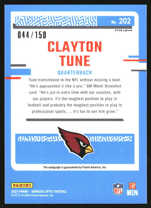 2023 Panini Donruss Optic Rookies Autographs Holo #202 Clayton Tune RC Auto /150 - Image 2