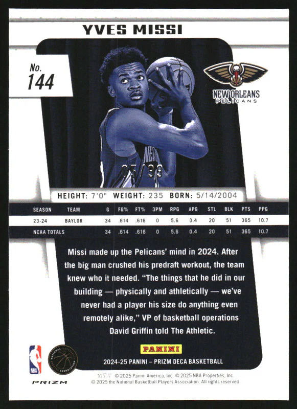 2024-25 Panini Prizm Deca Purple Prizms #144 Yves Missi RC /99 - Image 2
