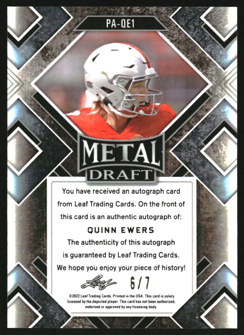 2022 Leaf Metal Draft Portraits Mojo Pink #PAQE1 Quinn Ewers Auto /7 - Image 2
