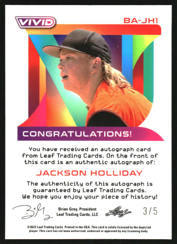 2022 Leaf Vivid Purple #BAJH1 Jackson Holliday Auto /5 - Image 2