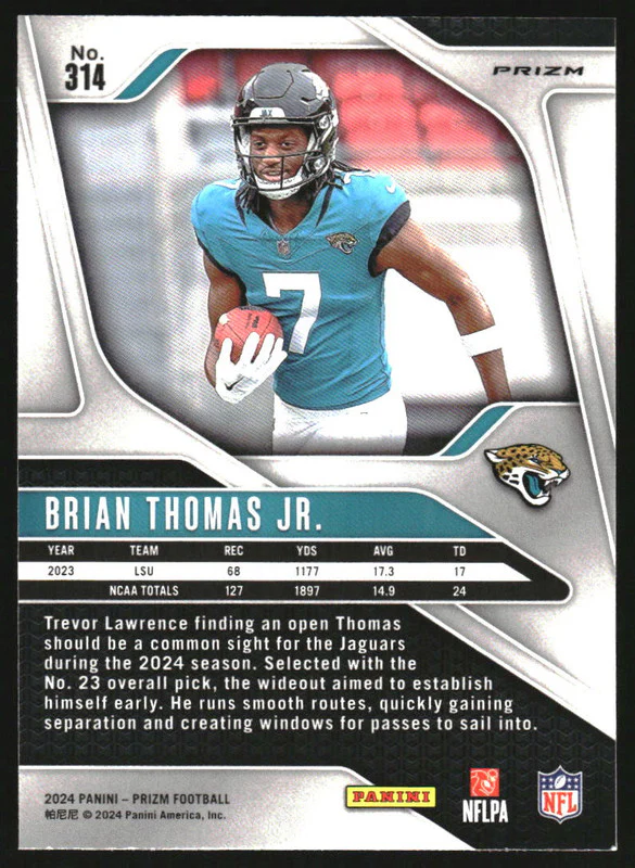 2024 Panini Prizm Silver Prizm #314 Brian Thomas Jr. RC - Image 2