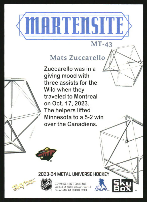 2023-24 Skybox Metal Universe Martensite #MT-43 Mats Zuccarello - Image 2