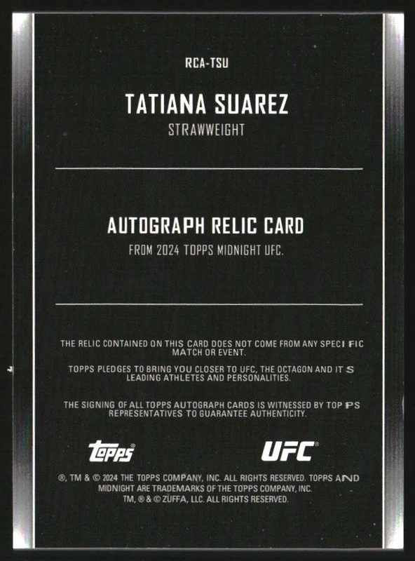2024 Topps Midnight UFC Relic Autograph Moonrise #RCATSU Tatiana Suarez Auto /25 - Image 2