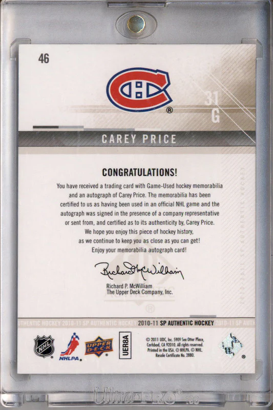 2010-11 SP Authentic Limited Autographed Patches #46 Carey Price Auto /25 - Image 2
