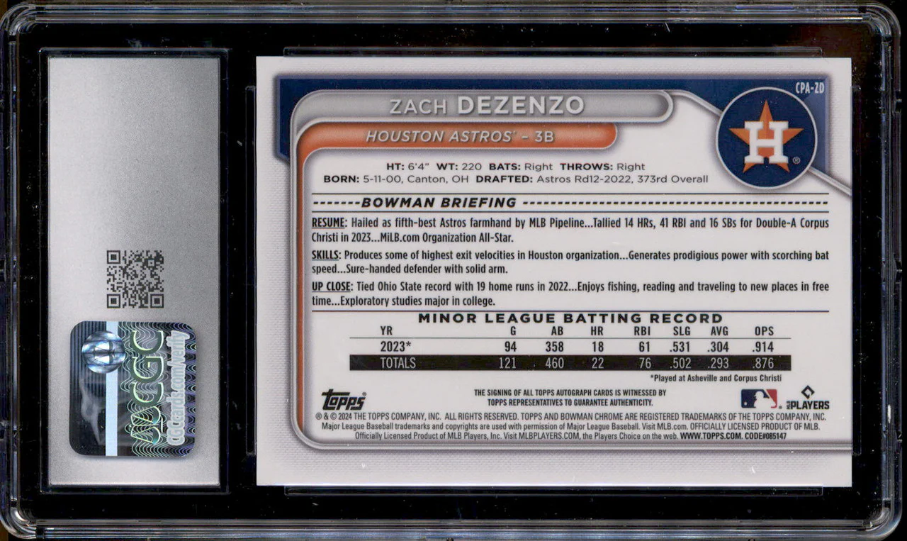 2024 Bowman Chrome Orange Shimmer Refractor Zach Dezenzo RC Auto /25 CGC 10 - Image 2
