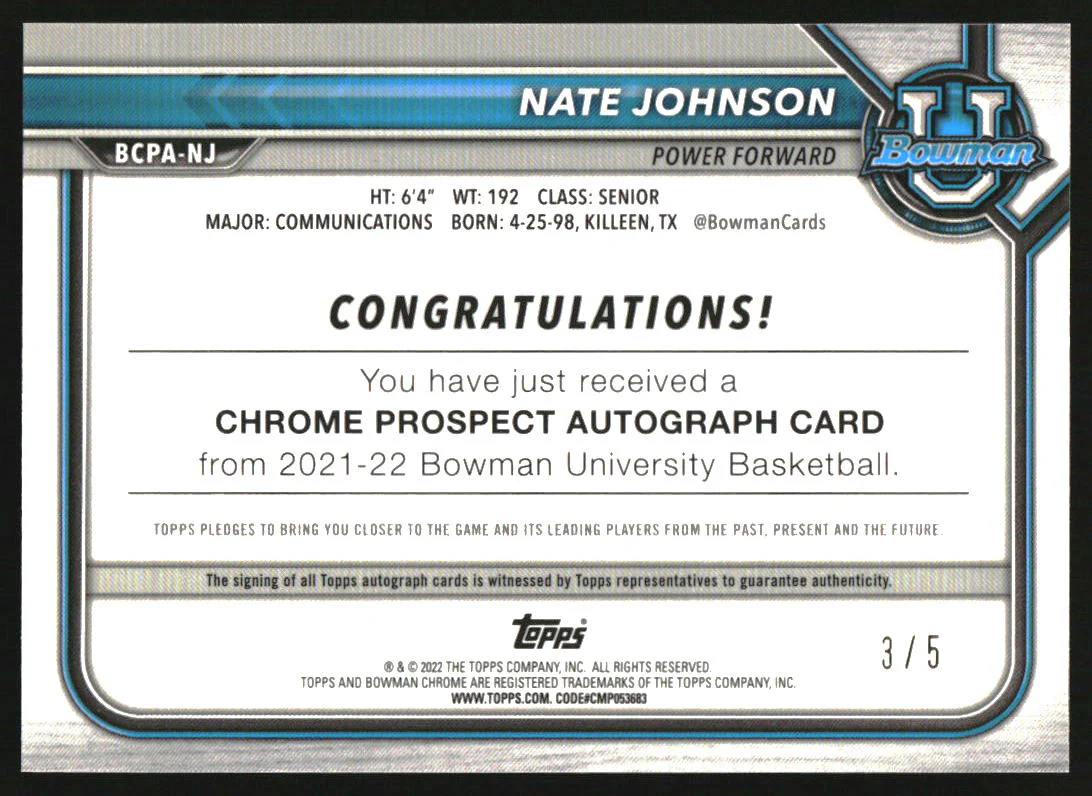 2021-22 Bowman Chrome University Prospect Red Shimmer Nate Johnson Auto /5 - Image 2
