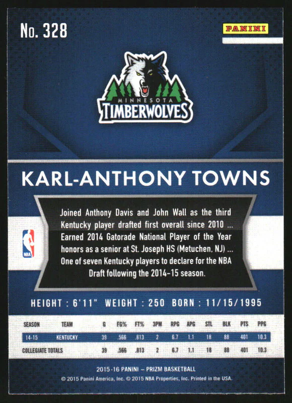 2015-16 Panini Prizm #328 Karl-Anthony Towns RC - Image 2