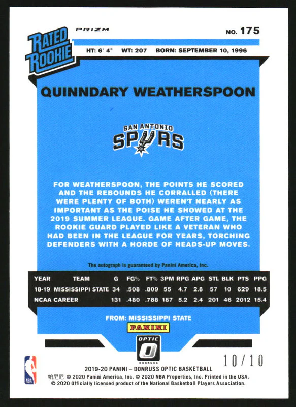 2019-20 Panini Donruss Optic Signatures Gold Quinndary Weatherspoon RC Auto /10 - Image 2