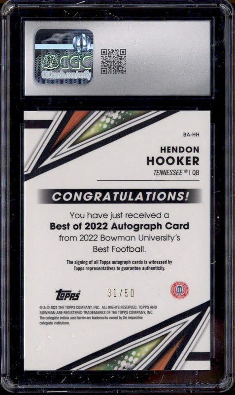 2022 Bowman University Chrome Gold Refractor Hendon Hooker Auto /50 CGC 10 - Image 2