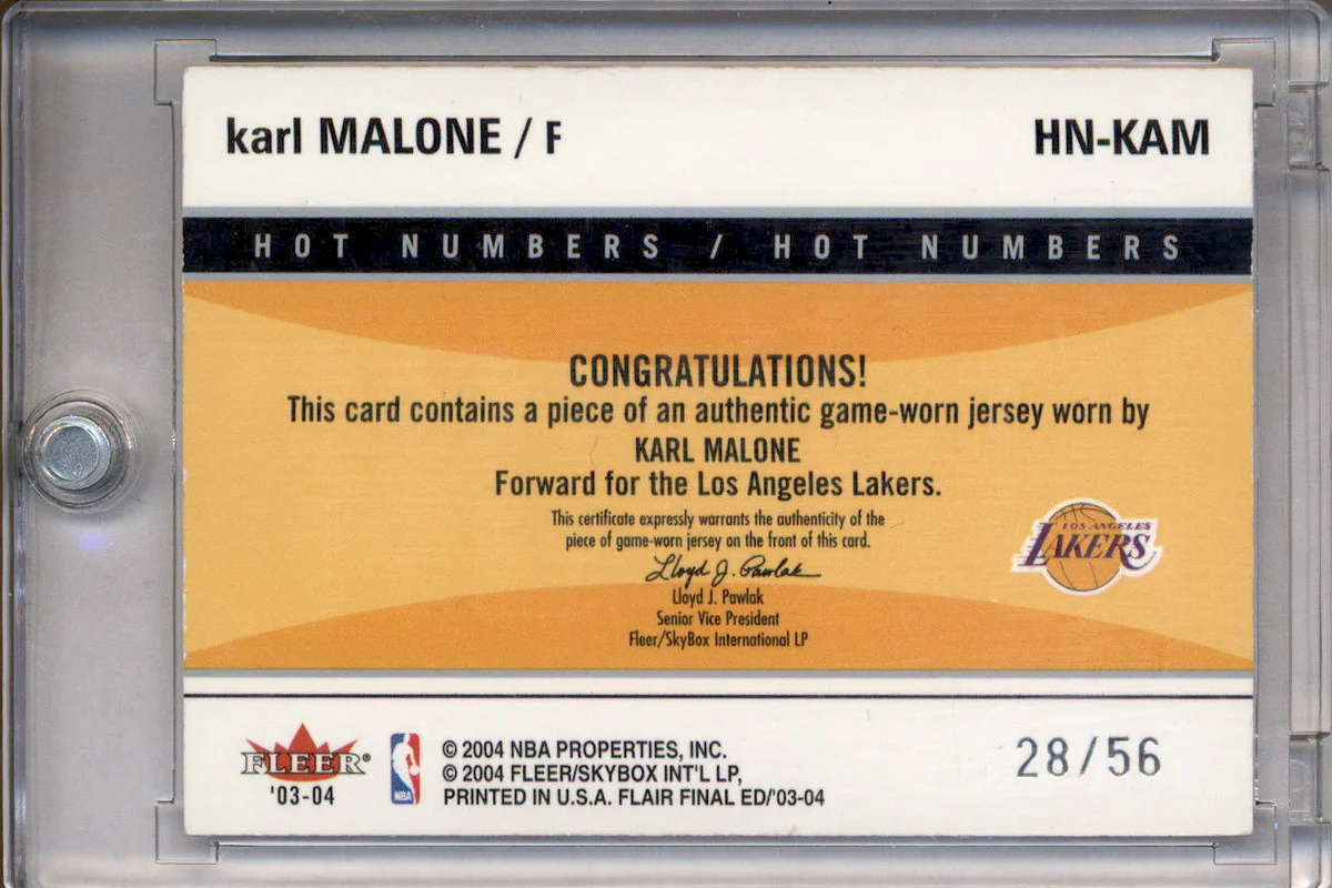 2003 Fleer Flair Final Edition Hot Numbers Patches Platinum Karl Malone /56 - Image 2