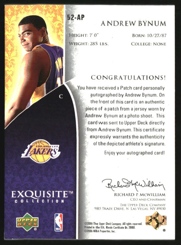 2005-06 Upper Deck Exquisite Collection #AP Andrew Bynum Autograph RC Auto /225 - Image 2