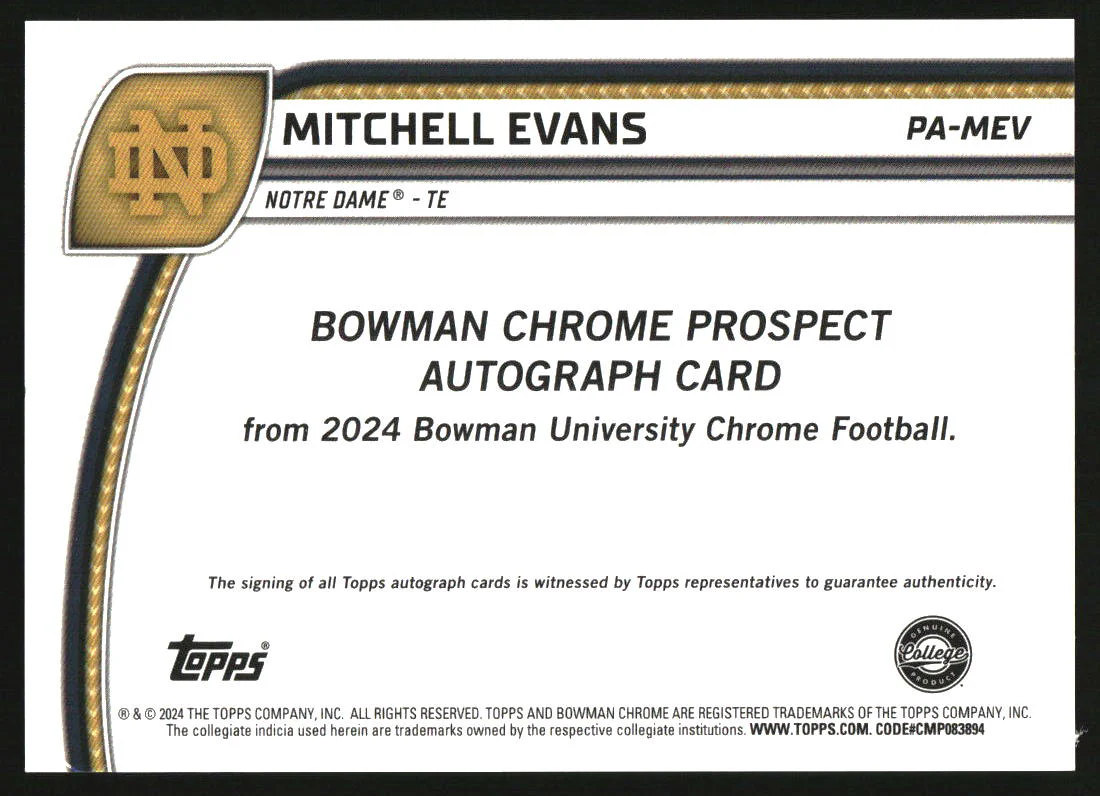 2024 Bowman Chrome University Prospect Orange Refractor Mitchell Evans Auto /25 - Image 2