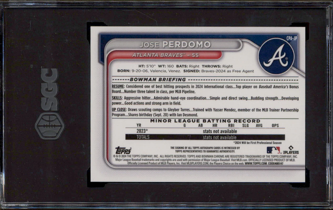 2024 Bowman Chrome Auto Gold Refractor #CPA-JP Jose Perdomo RC /50 SGC 9 - Image 2