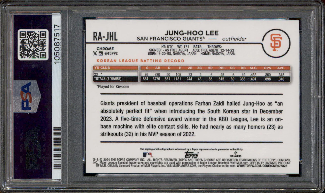 2024 Topps Chrome Rookie Autographs Orange Wave Jung-Hoo RC Auto /25 Lee PSA 9 - Image 2