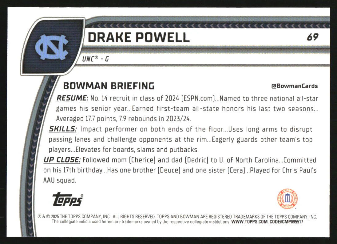 2024-25 Bowman University Chrome Blue Shimmer Refractor #69 Drake Powell /35 - Image 2