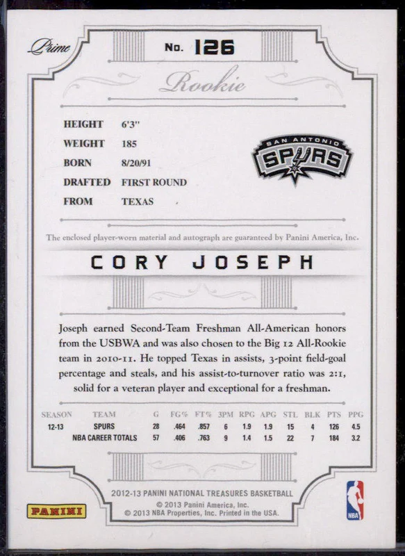 2012-13 Panini National Treasures #126 Cory Joseph RC Auto /99 - Image 2