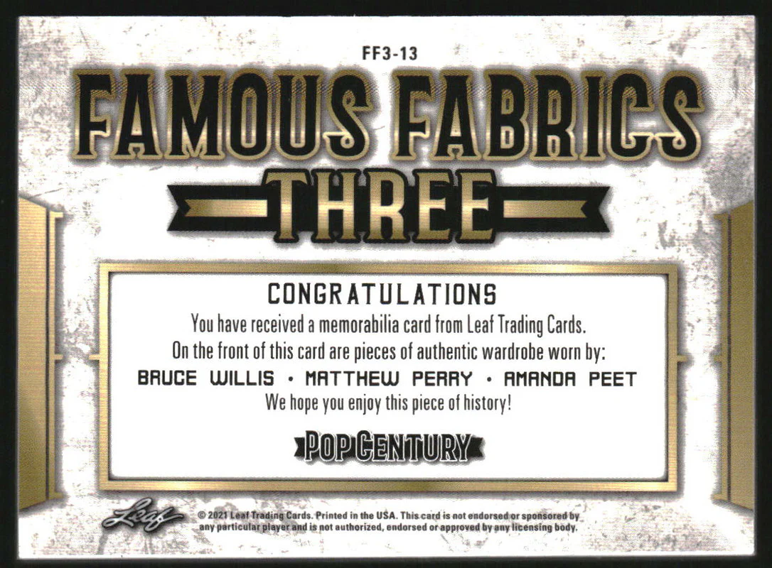 2021 Leaf Famous Fabrics Bruce Willis Matthew Perry Amanda Peet /65 - Image 2