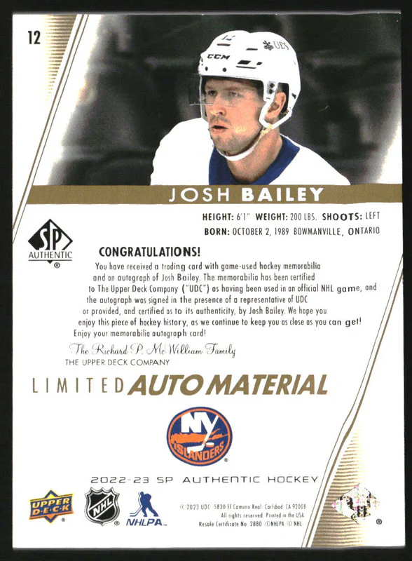 2022-23 SP Authentic Limited Auto Material #12 Josh Bailey Auto /100 - Image 2