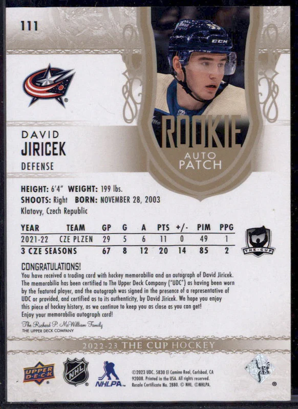 2022-23 Upper Deck The Cup Gold Foil Patch #111 David Jiricek RC /24 - Image 2