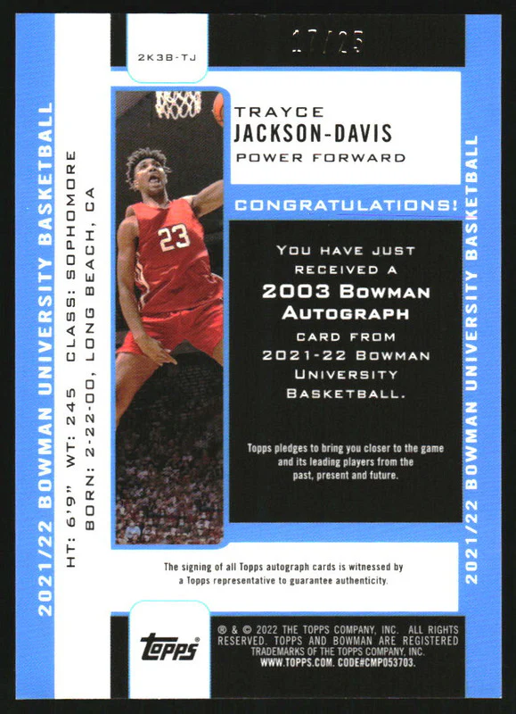 2021-22 Bowman Chrome University '03 Orange #TJ Trayce Jackson-Davis Auto /25 - Image 2
