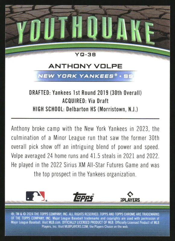2024 Topps Chrome Youthquake Gold Refractor #YQ-38 Anthony Volpe /50 - Image 2