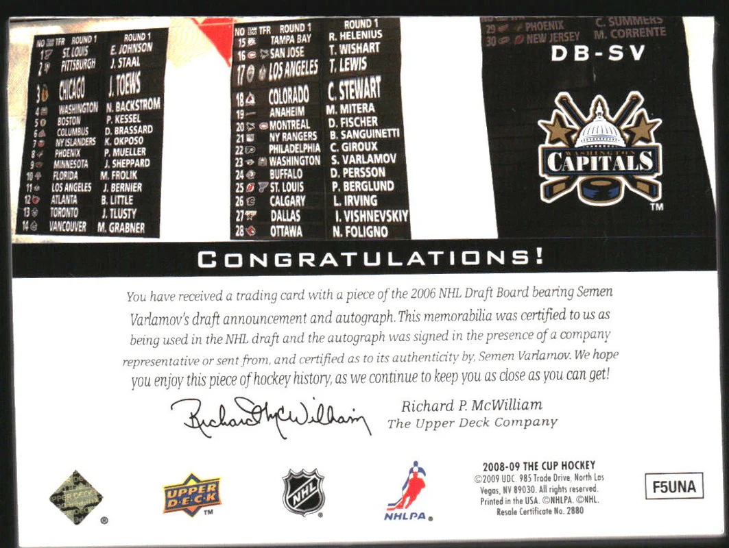 2008-09 The Cup Auto Draft Boards #DBSV Simeon Varlamov RC Auto - Image 2