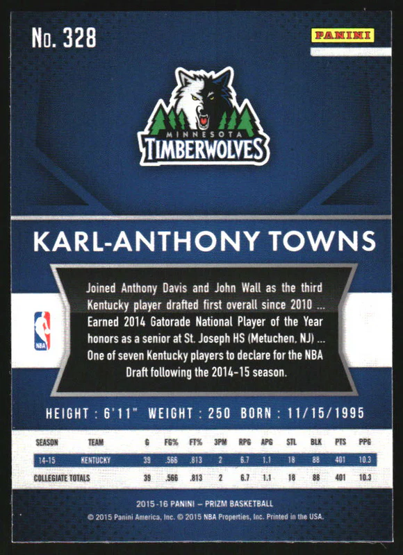 2015-16 Panini Prizm #328 Karl-Anthony Towns RC - Image 2