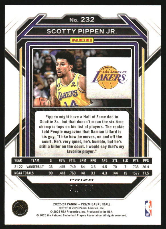 2022-23 Panini Prizm Prizms Blue Shimmer FOTL #232 Scotty Pippen Jr. RC /35 - Image 2