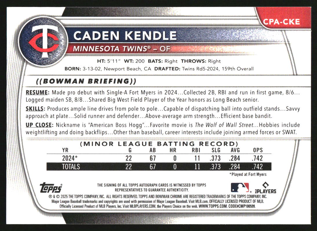 2025 Bowman Chrome Autographs Gold Refractor #CPA-CKE Caden Kendle RC Auto /50 - Image 2