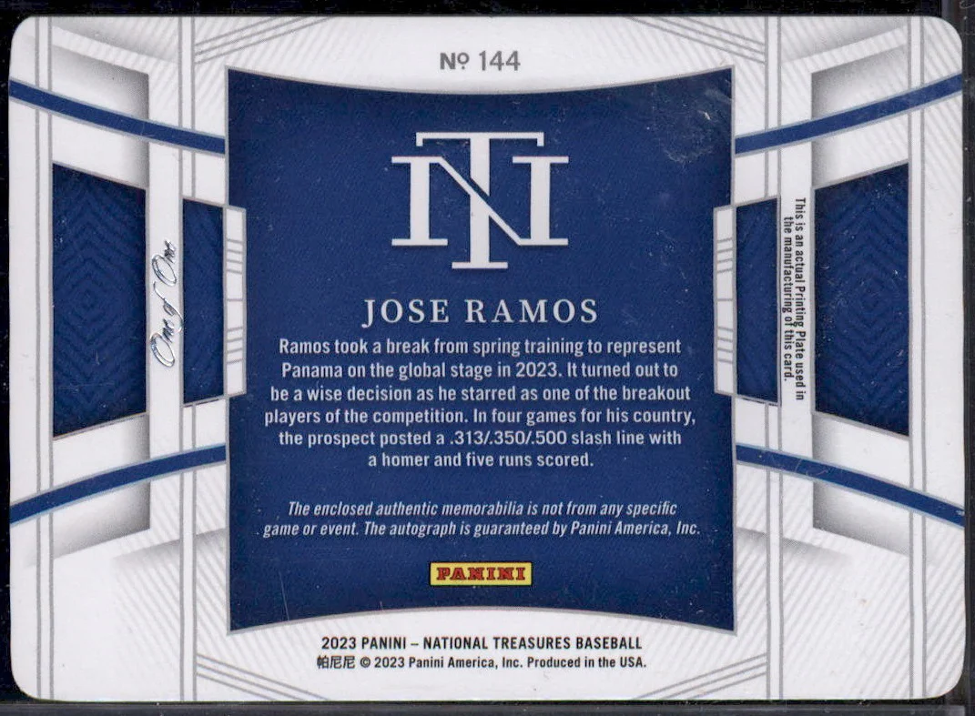 2023 Panini National Treasures Printing Plate Cyan #144 Jose Ramos Auto 1/1 - Image 2