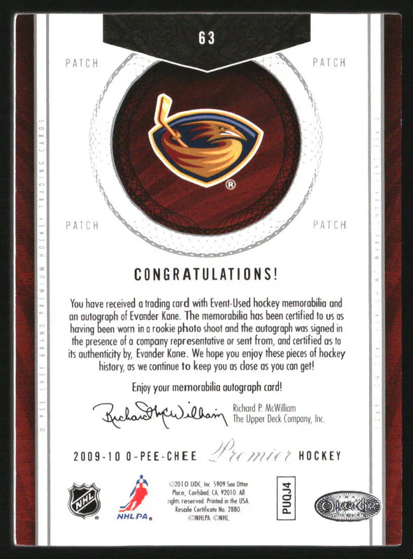 2009-10 OPC Premier Black #63 Evander Kane Auto Jersey /10 - Image 2