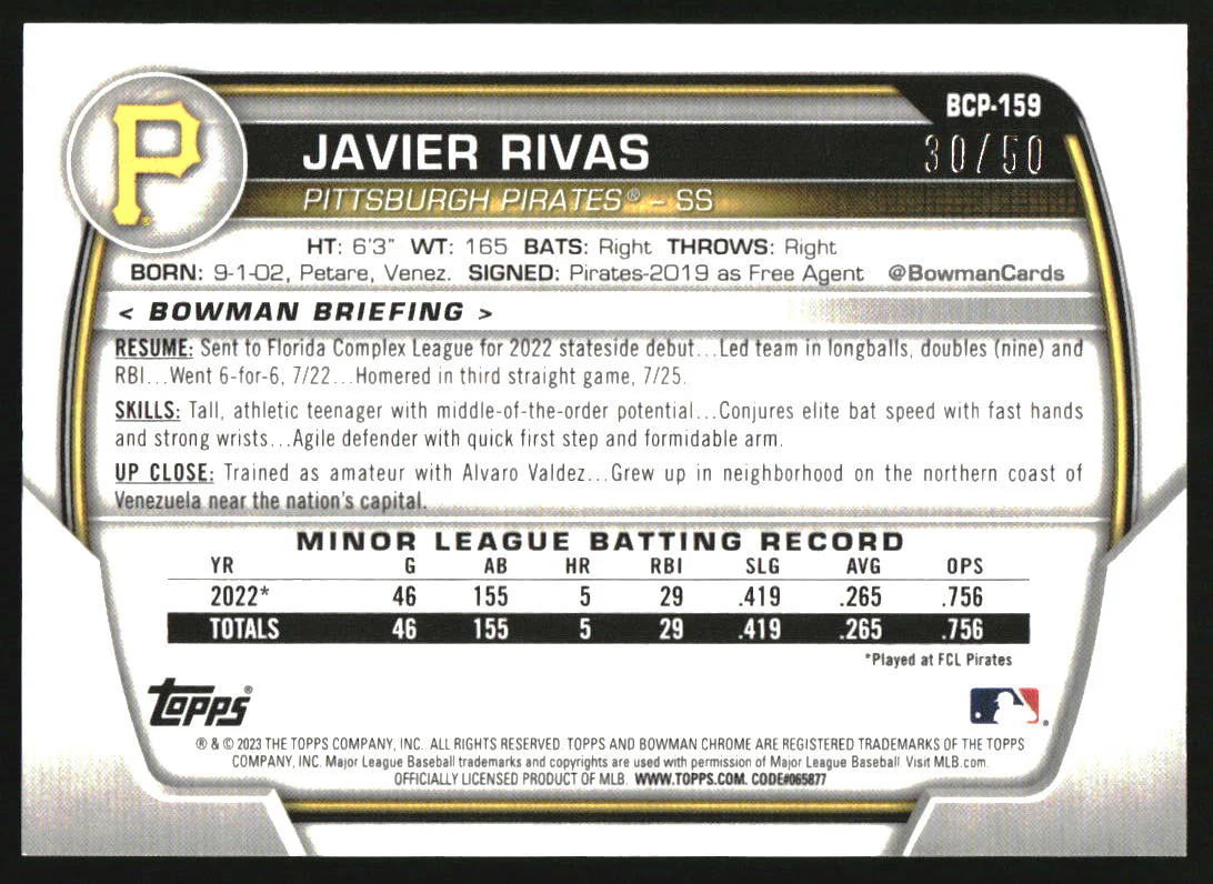 2023 Bowman Chrome Chrome Gold Shimmer Refractor #BCP-159 Javier Rivas RC /50 - Image 2