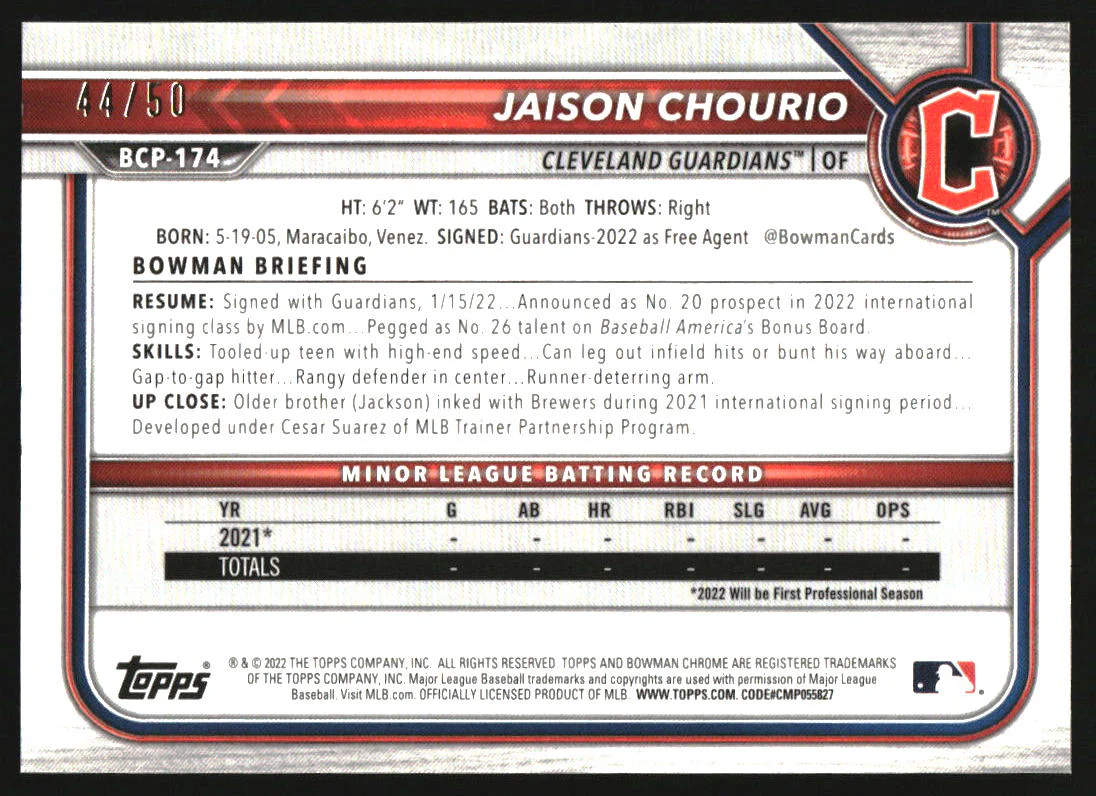2022 Bowman Chrome Gold Shimmer Refractor #BCP-174 Jaison Chourio RC /50 - Image 2