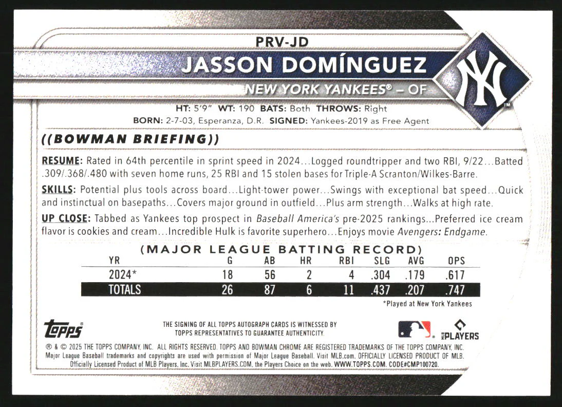 2025 Bowman Rookies and Veterans Gold Border #PRV-JD Jasson Dominguez Auto /50 - Image 2