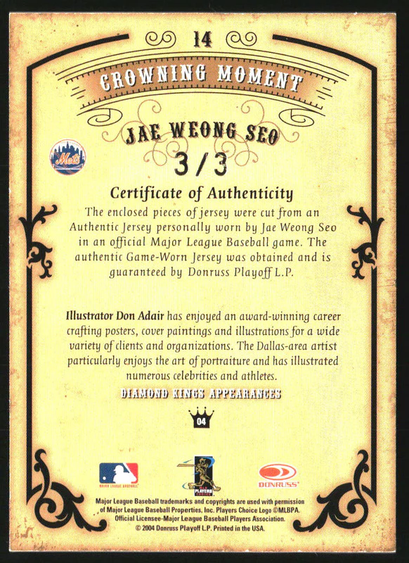 2004 Donruss Diamond Kings DK Combos Gold #14 Jae Weong Seo Auto /3 - Image 2