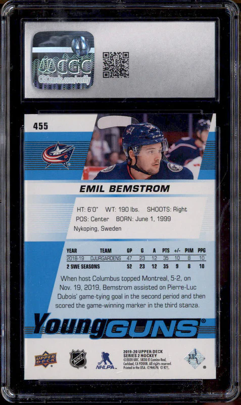 2019 Upper Deck #455 Emil Bemstrom Young Guns RC Rookie CGC 10 - Image 2