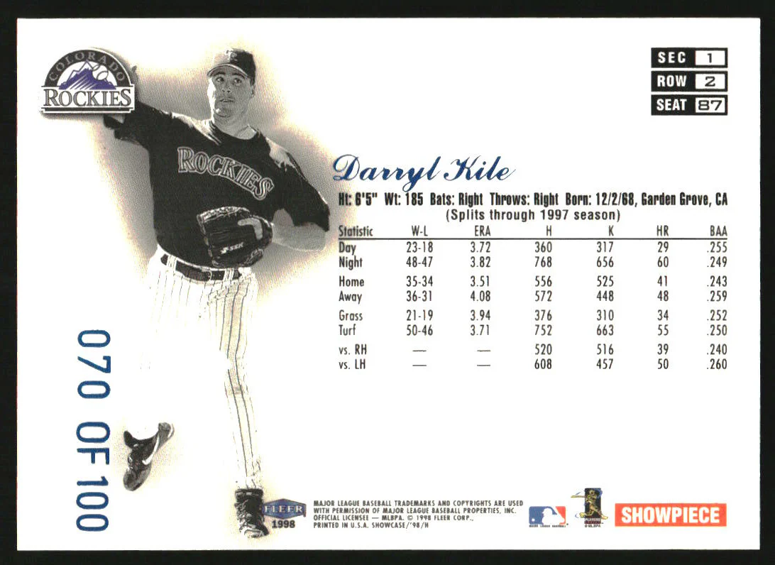 1998 Fleer Flair Showcase Legacy Collection Row 2 #87 Darryl Kile /100 - Image 2