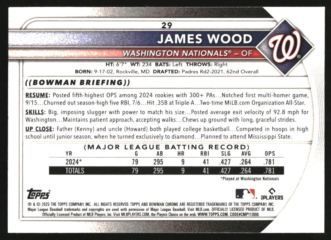 2025 Bowman Chrome Red RC Rookie Redemption #29 James Wood RC - Image 2