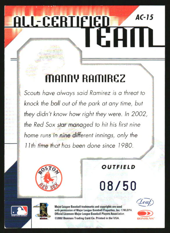 2002 Leaf Certified All-Certified Team Mirror Blue #15 Manny Ramirez /50 - Image 2