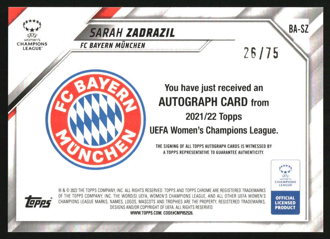 2021 Topps Chrome UEFA Women's Champions League Inferno Sarah Zadrazil Auto /75 - Image 2