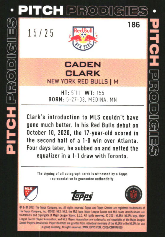 2021 Topps Chrome MLS Autographs Orange #186 Caden Clark Autograph Auto /25 - Image 2