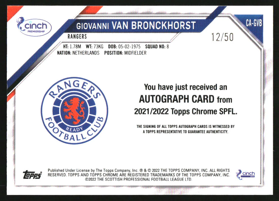 2021 Topps Chrome SPFL Autographs Gold #CA-GVB Giovanni van Bronckhorst /50 - Image 2