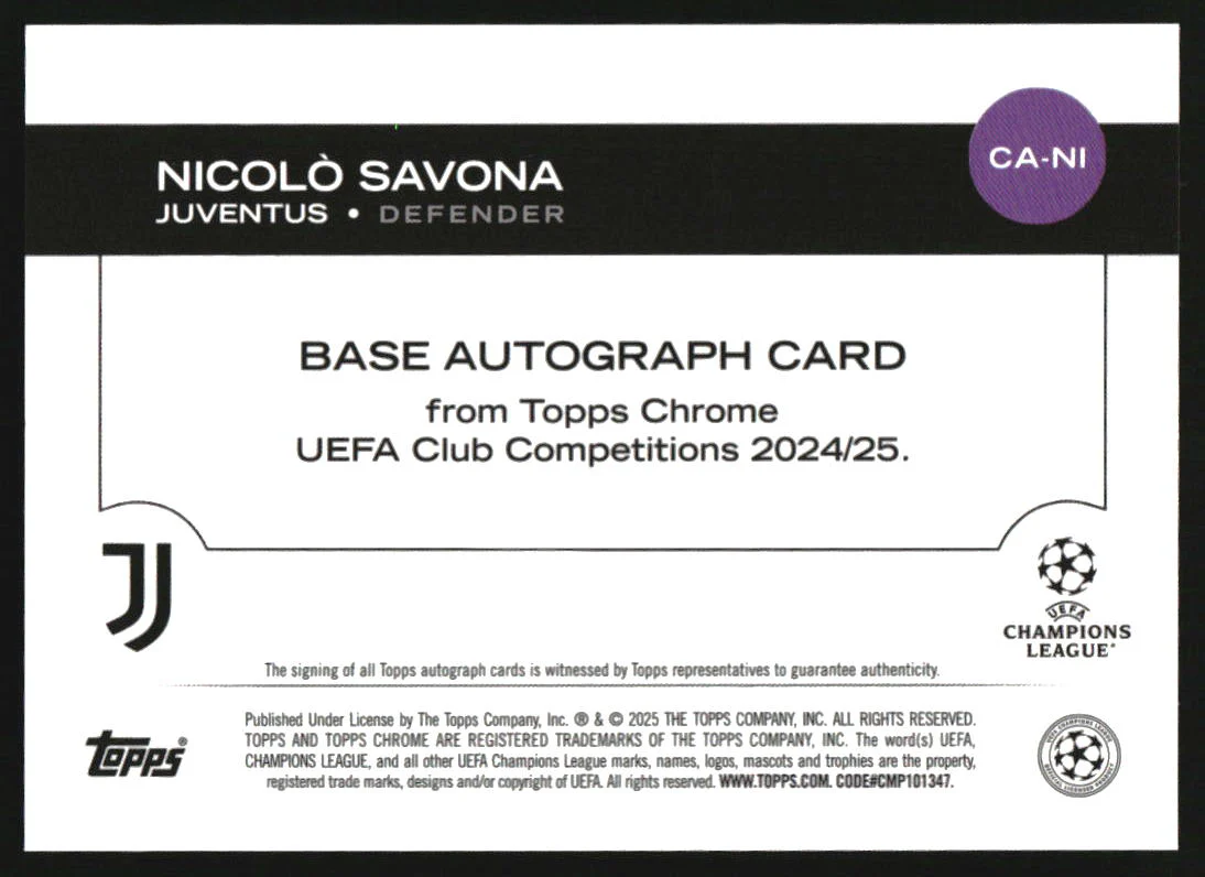 2024 Topps Chrome UEFA Autographs Orange Geometric #CA-NI Nicolo Savona Auto /25 - Image 2