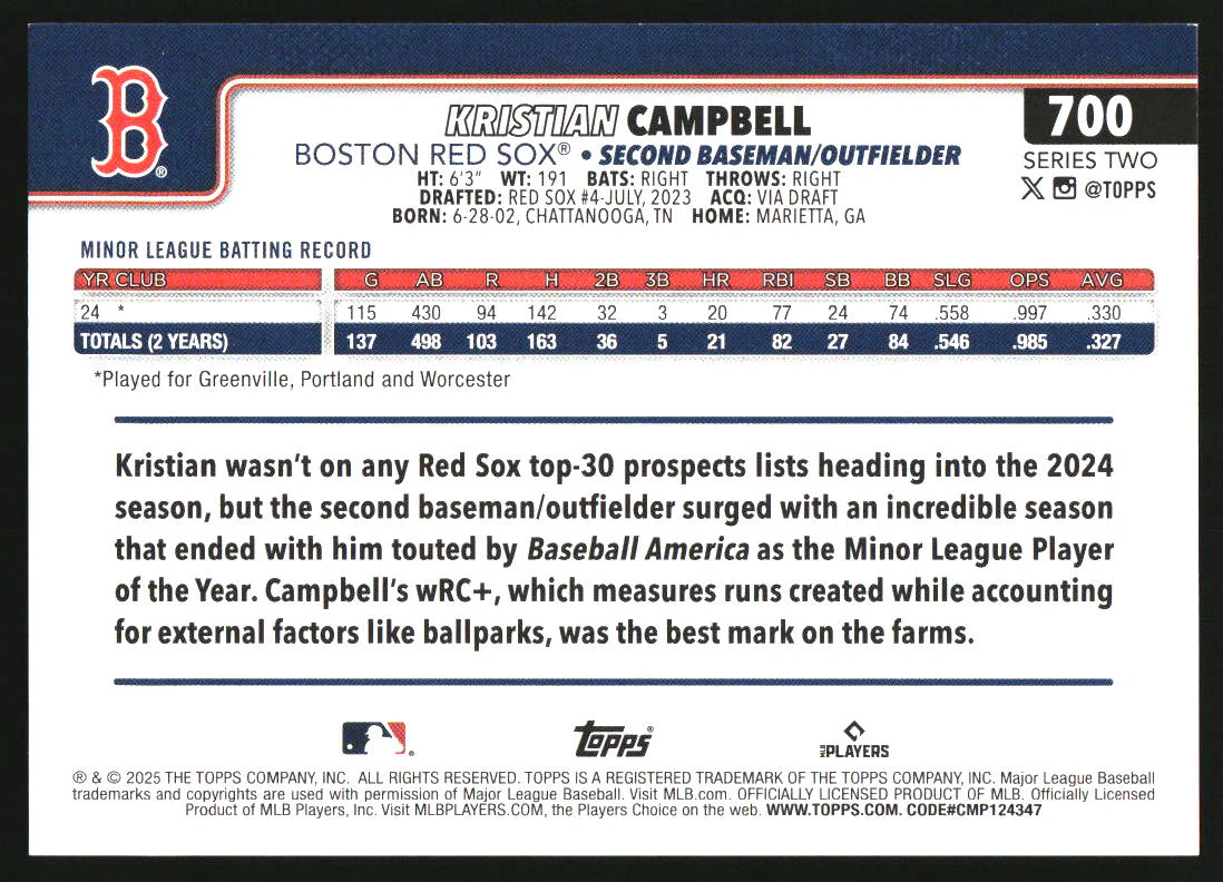 2025 Topps Rookie Short Prints #700 Kristian Campbell RC - Image 2