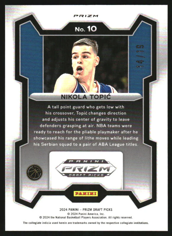 2024 Panini Prizm Draft Collegiate Blue Shimmer Prizm FOTL Nikola Topic RC /19 - Image 2