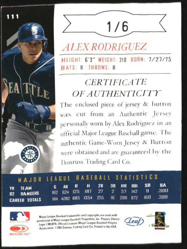2003 Leaf Limited Threads Button #111 Alex Rodriguez /6 - Image 2