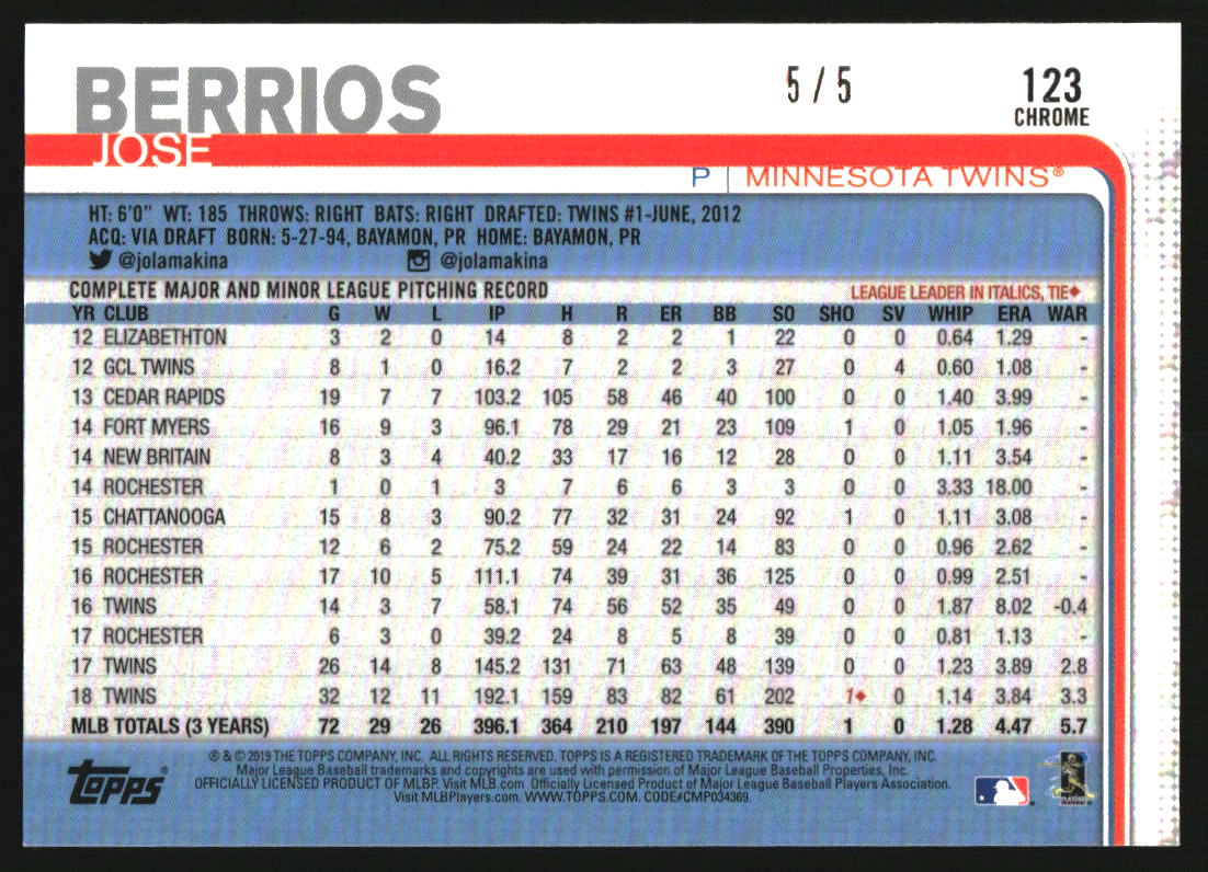 2019 Topps Chrome Red Refractor #123 Jose Berrios /5 - Image 2
